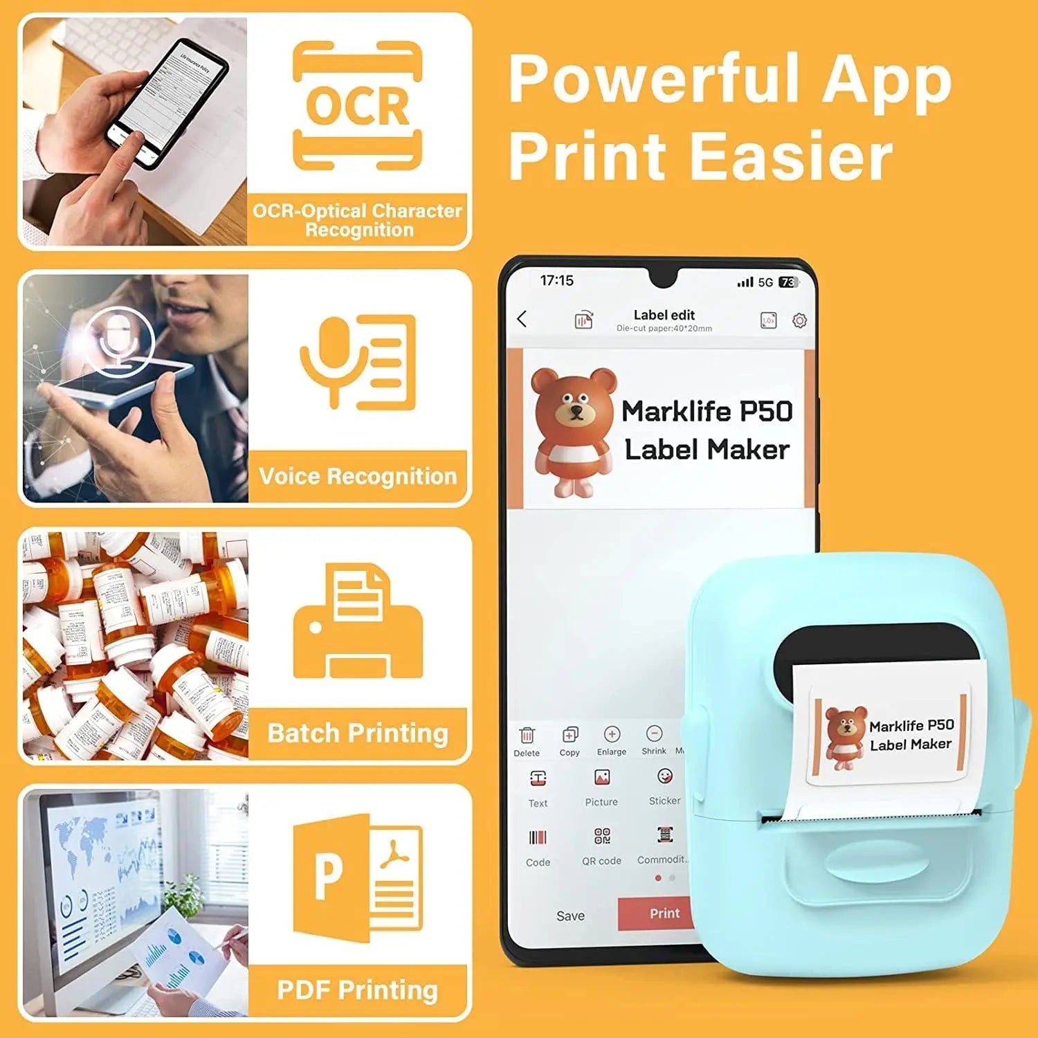 Glow Marklife P50 Portable Thermal Printer Suitable For Small Business Home Office Mini Wireless Label Sticker Machine For Smartphone