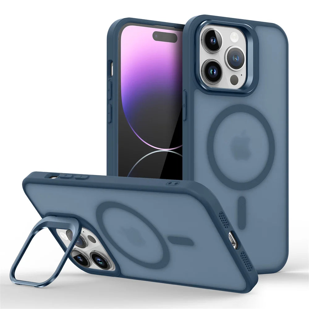 Glow Luxury Magnetic Shockproof Phone Case For iPhone 16E16 15 14 13 mini 12 11 Pro Max Plus Funda Stand Glass Lens Protection Cover