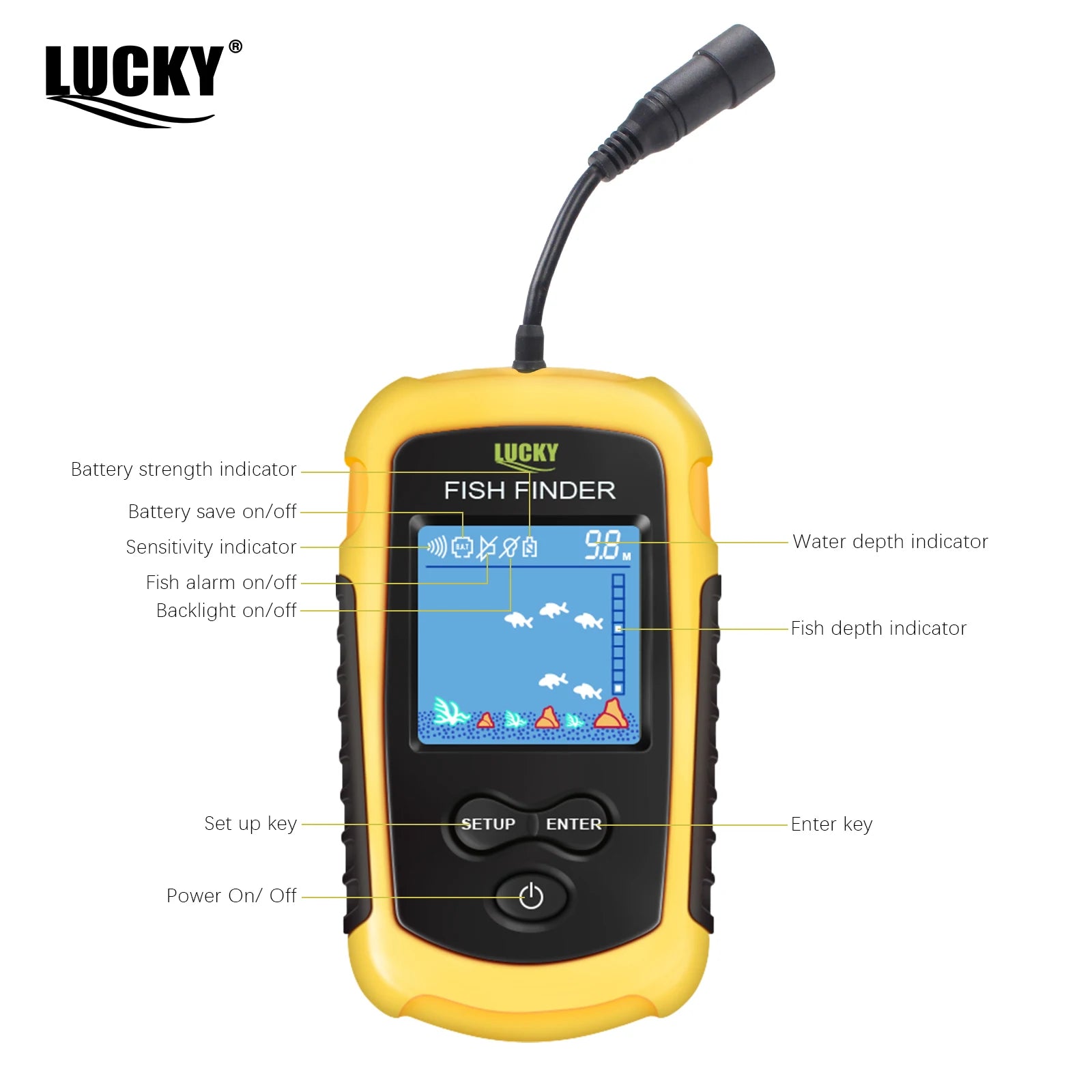 Glow FFC1108-1 Alarm 100M Portable Sonar Fish Finders 45 degrees Sonar Coverage Echo Sounder Alarm Transducer Lake Sea Fishing