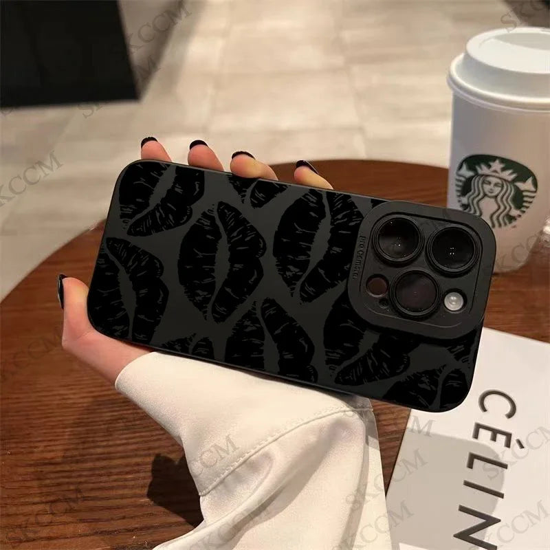 Glow Gothic Style Black Lip Phone Case For iPhone 15 14 13 12 11 Pro Max XS X XR 7 8 Plus SE 2020 Mini Shockproof Soft Silicone Cover