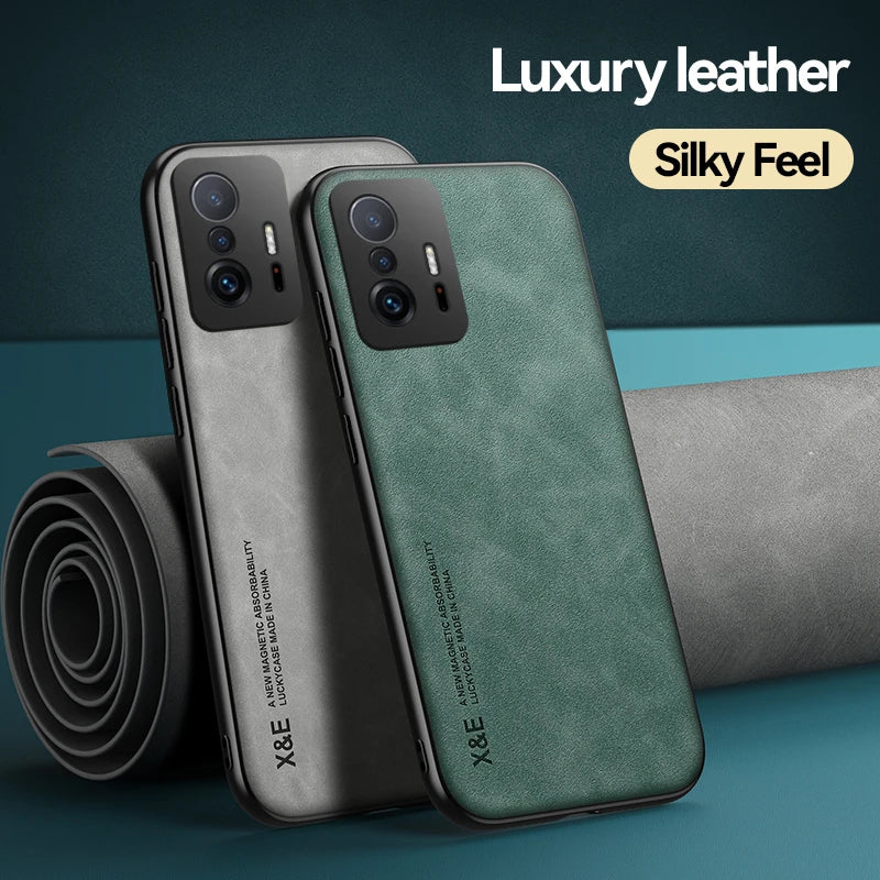 Glow For Xiomi 11T Pro case Leather Texture Car Magnetic Holder Phone Case For Xiaomi 11T Mi11T Mi 11 T Pro Xiaomi11T Soft Back Cover