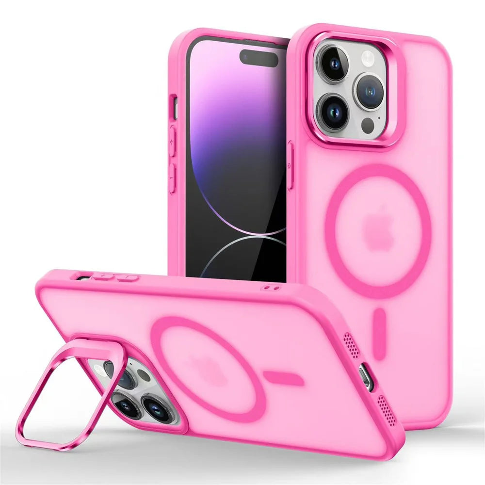 Glow Luxury Magnetic Shockproof Phone Case For iPhone 16E16 15 14 13 mini 12 11 Pro Max Plus Funda Stand Glass Lens Protection Cover