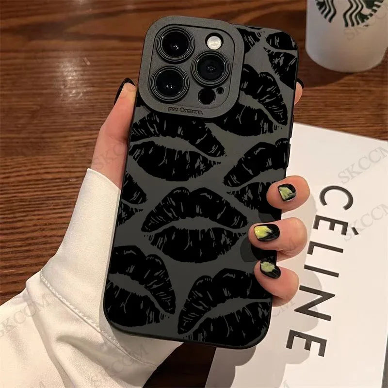 Glow Gothic Style Black Lip Phone Case For iPhone 15 14 13 12 11 Pro Max XS X XR 7 8 Plus SE 2020 Mini Shockproof Soft Silicone Cover