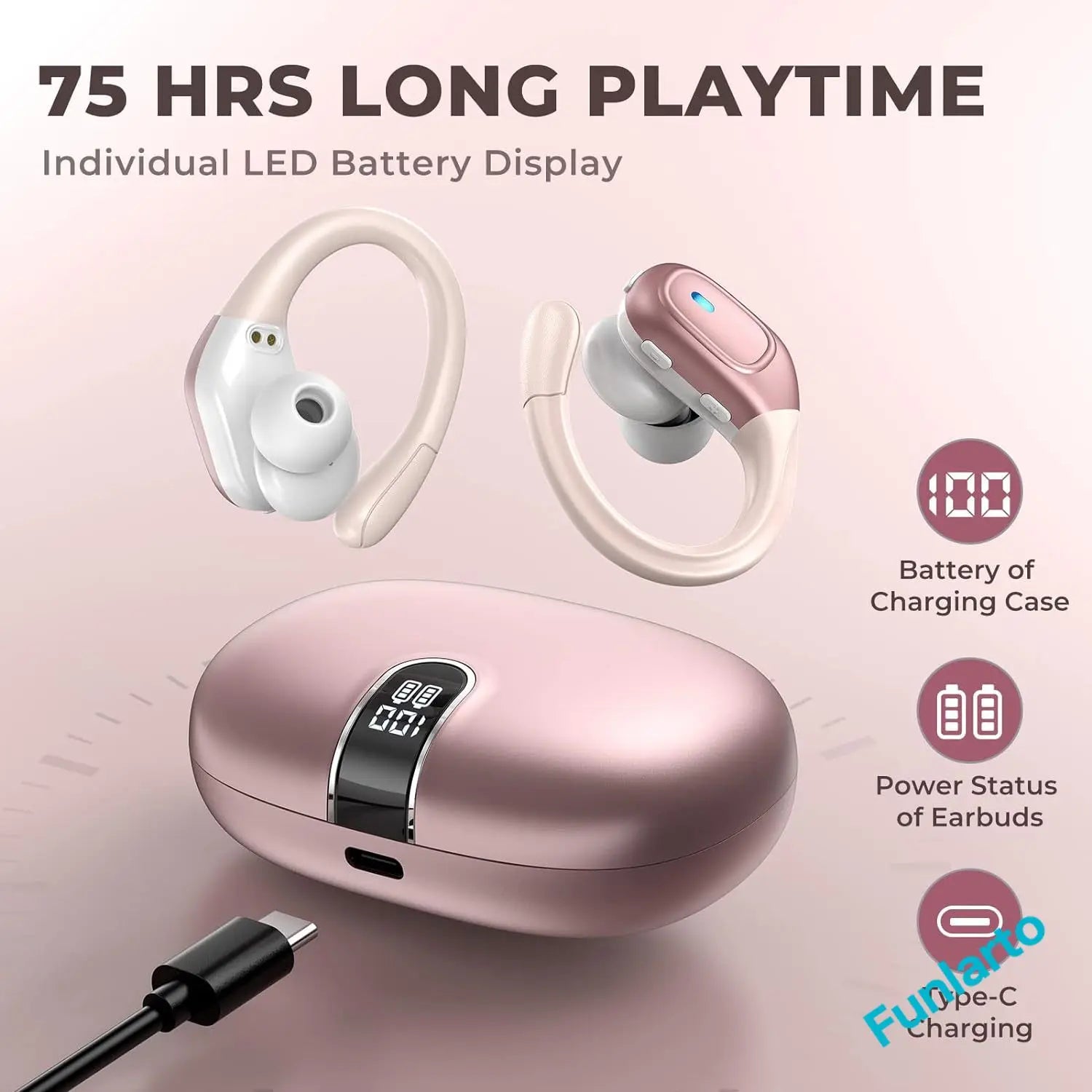 Glow Sport Bluetooth 5.3 Earphones Earhook Headphones IPX7 Waterproof Wireless Earbuds 75 Hrs with LED Power Display Physical buttons