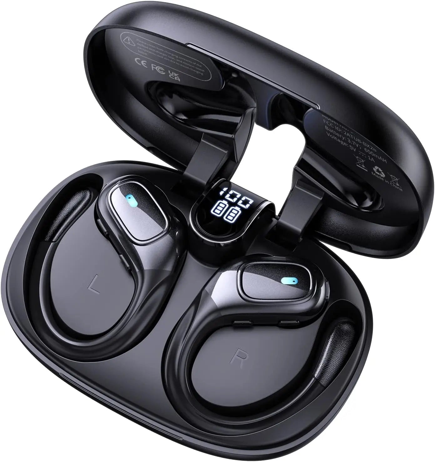 Glow Sport Bluetooth 5.3 Earphones Earhook Headphones IPX7 Waterproof Wireless Earbuds 75 Hrs with LED Power Display Physical buttons