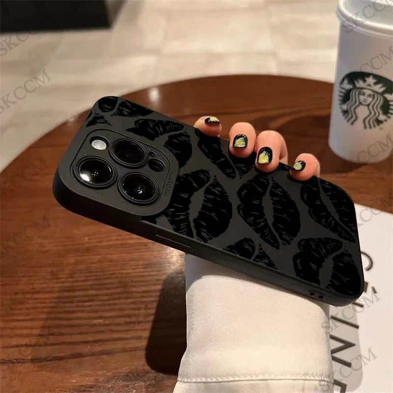 Glow Gothic Style Black Lip Phone Case For iPhone 15 14 13 12 11 Pro Max XS X XR 7 8 Plus SE 2020 Mini Shockproof Soft Silicone Cover