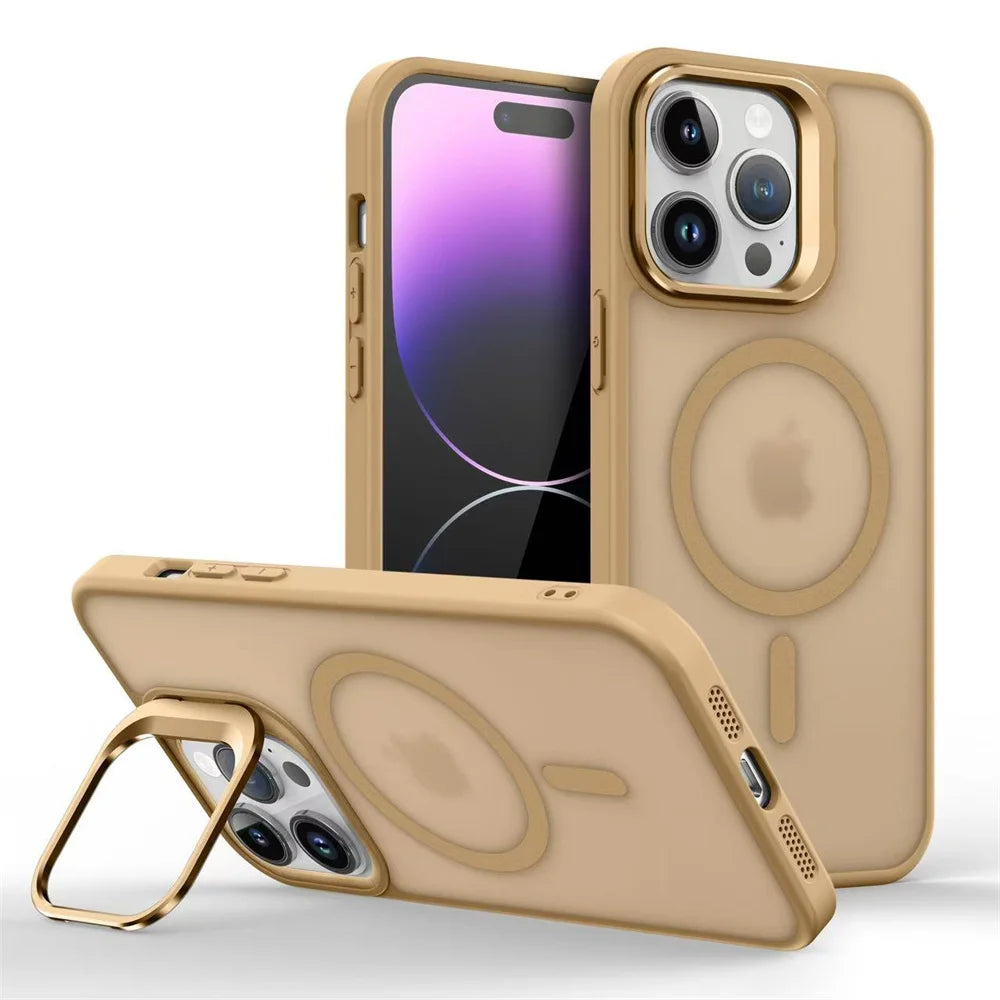 Glow Luxury Magnetic Shockproof Phone Case For iPhone 16E16 15 14 13 mini 12 11 Pro Max Plus Funda Stand Glass Lens Protection Cover