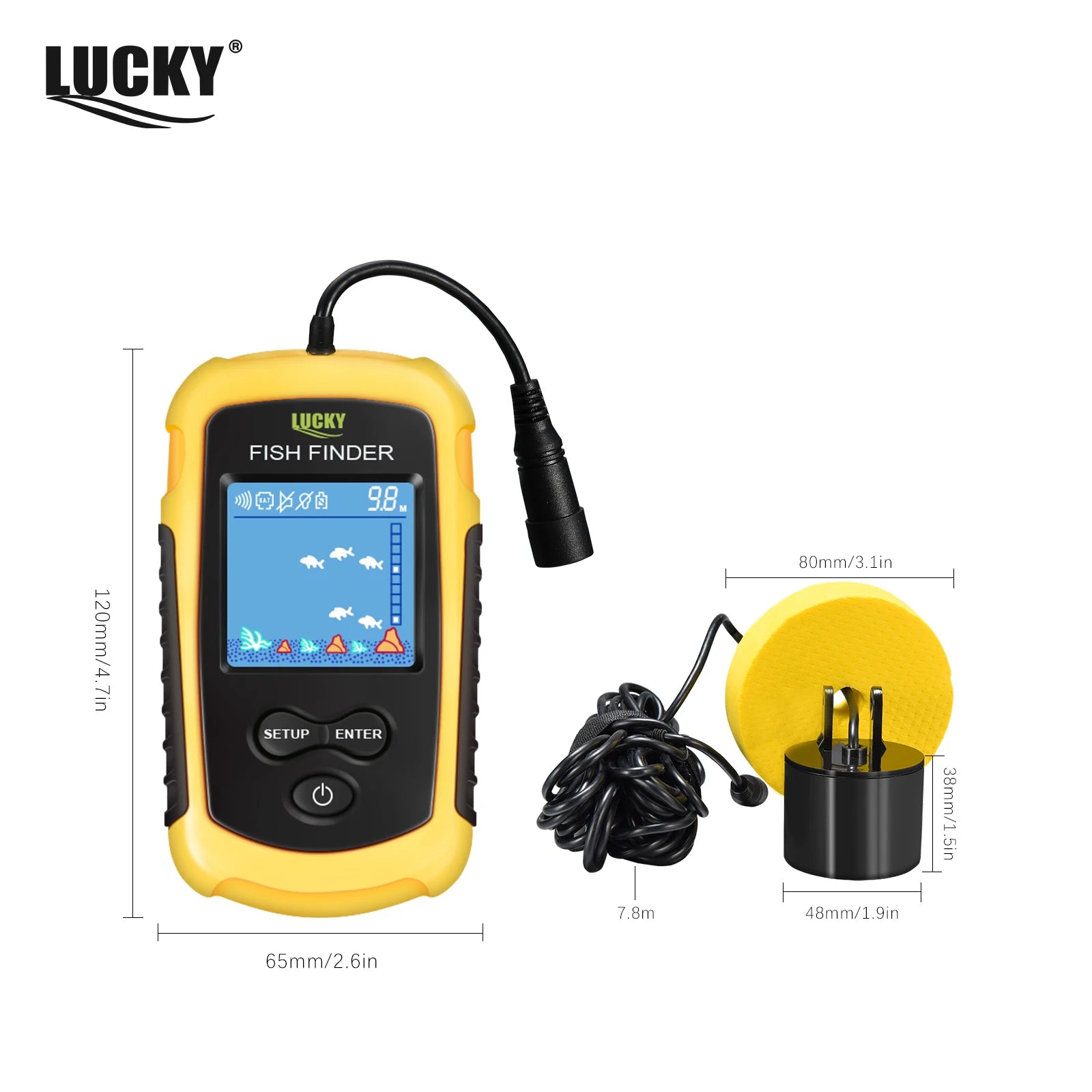 Glow FFC1108-1 Alarm 100M Portable Sonar Fish Finders 45 degrees Sonar Coverage Echo Sounder Alarm Transducer Lake Sea Fishing