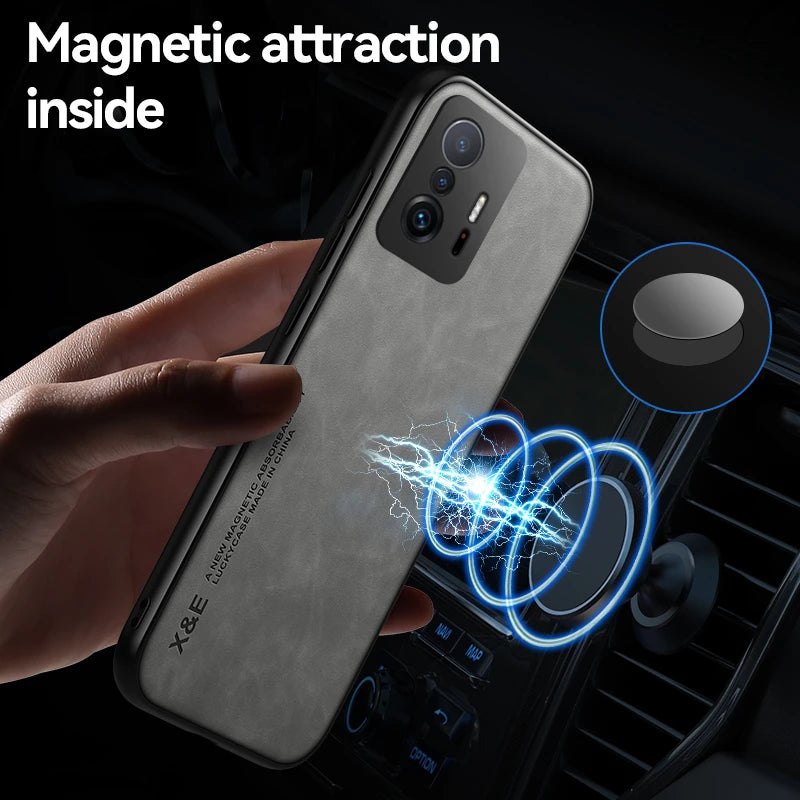 Glow For Xiomi 11T Pro case Leather Texture Car Magnetic Holder Phone Case For Xiaomi 11T Mi11T Mi 11 T Pro Xiaomi11T Soft Back Cover