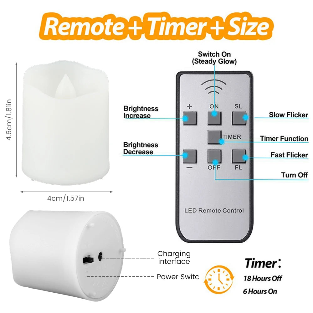 Glow LED Candle Light Rechargeable Flameless Flickering Tea Lights with Remote Control &Timer 6 Ports USB Charger Bedside Lamp 6PCS