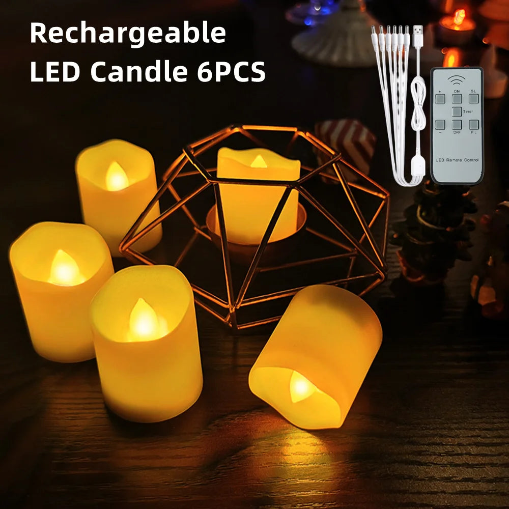 Glow LED Candle Light Rechargeable Flameless Flickering Tea Lights with Remote Control &Timer 6 Ports USB Charger Bedside Lamp 6PCS