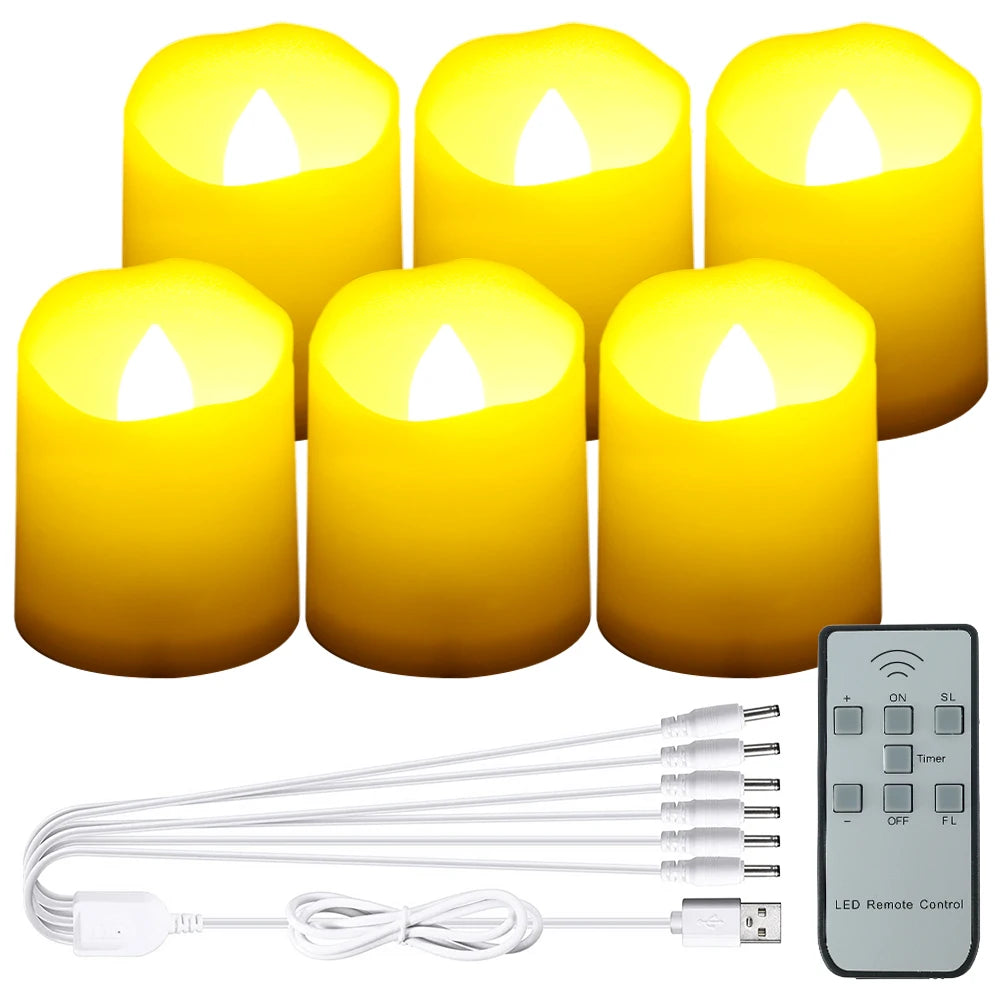 Glow LED Candle Light Rechargeable Flameless Flickering Tea Lights with Remote Control &Timer 6 Ports USB Charger Bedside Lamp 6PCS