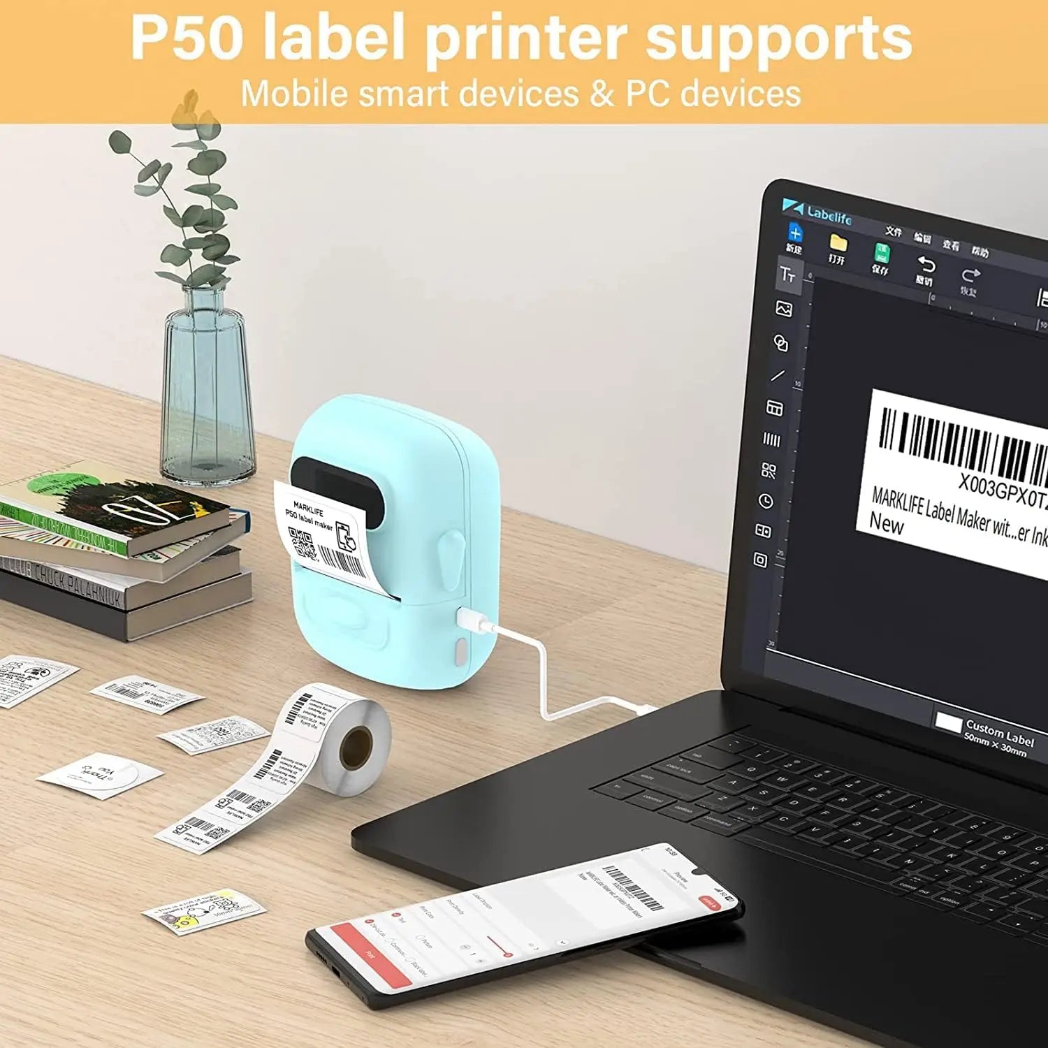 Glow Marklife P50 Portable Thermal Printer Suitable For Small Business Home Office Mini Wireless Label Sticker Machine For Smartphone